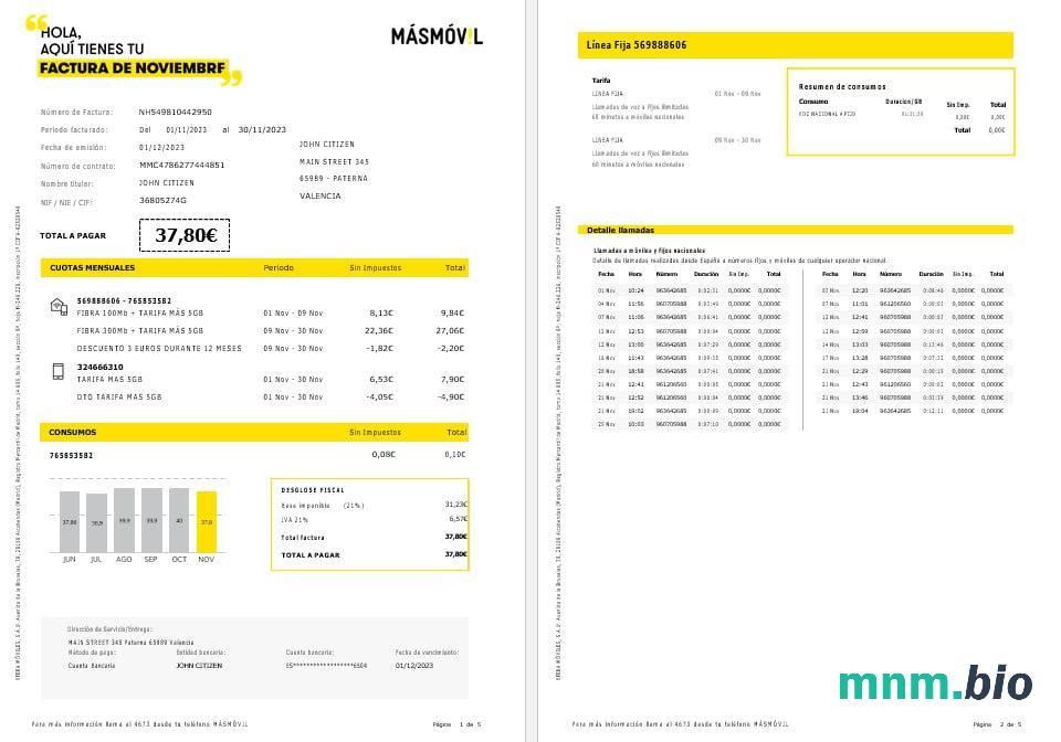 Hiszpania Masmovil internet i mobile rachunek za media Word i PDF formaty, 5 stron